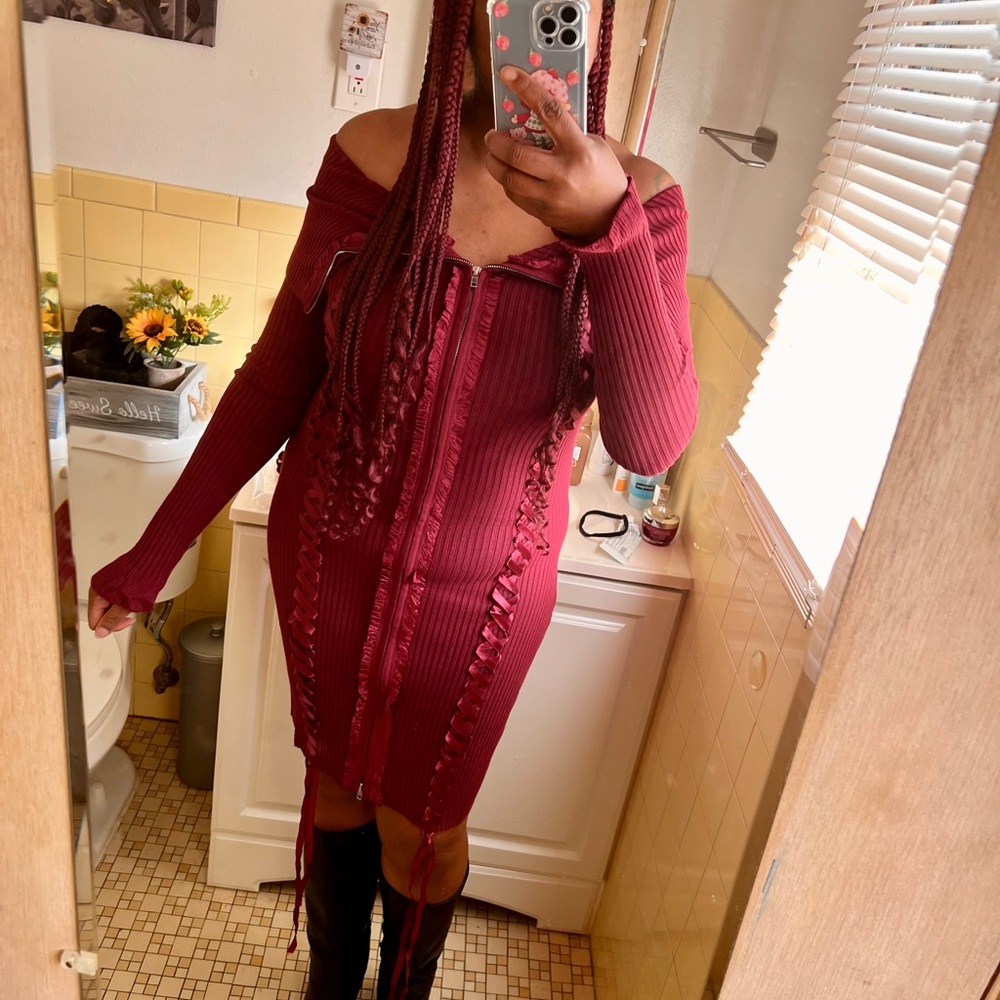 Elsy Sweater Off Shoulder Mini Dress - Burgundy - Picture 3 of 4